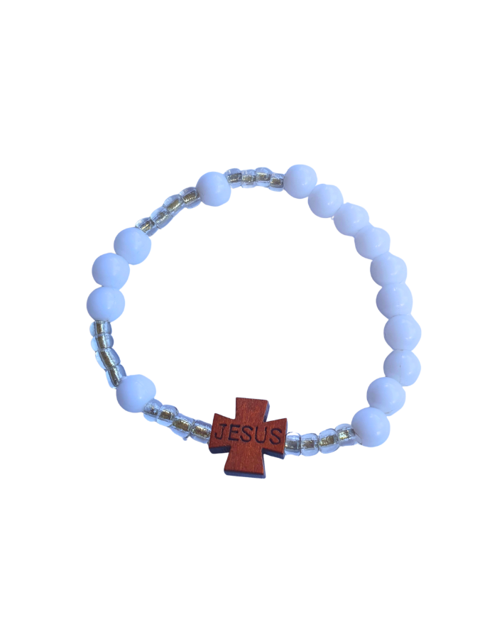 Bracelet chapelet discret “JESUS” – Perles blanches