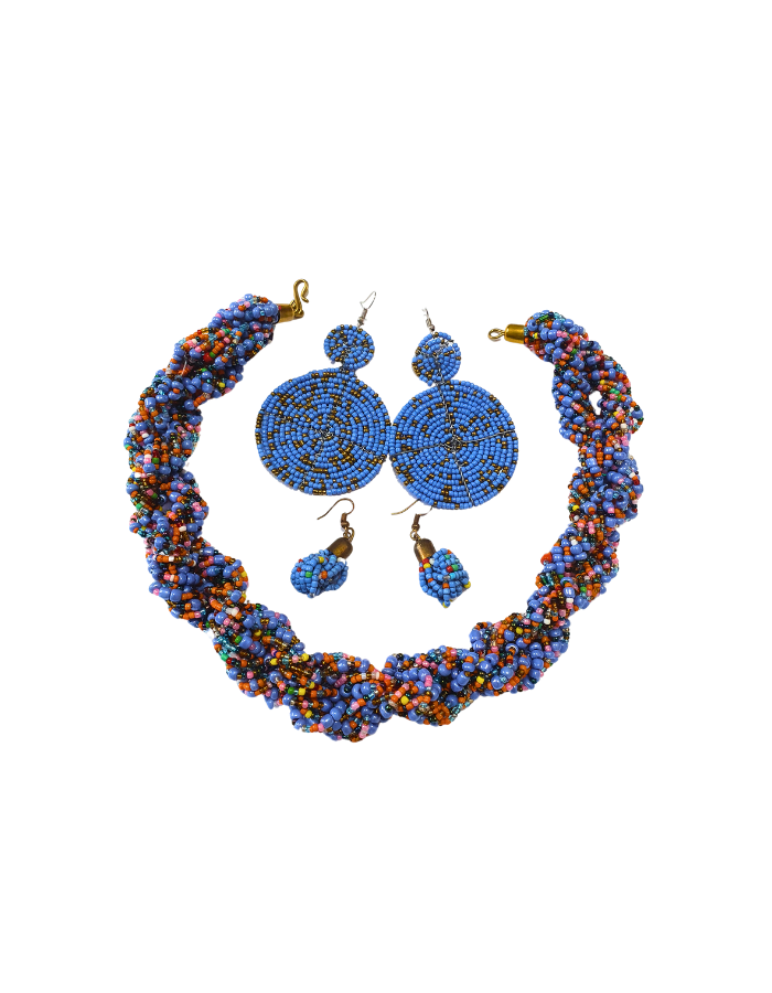 Handmade Beaded Set – Necklace & Two Pairs of Matching Earrings (Multicolor Blue)