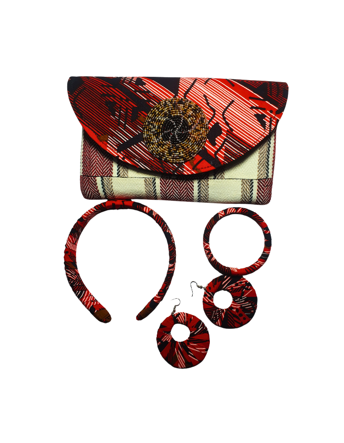 Ensemble Sac & Accessoires Femme – Pochette, Serre-tête, Bracelet & Boucles Rouge Intense