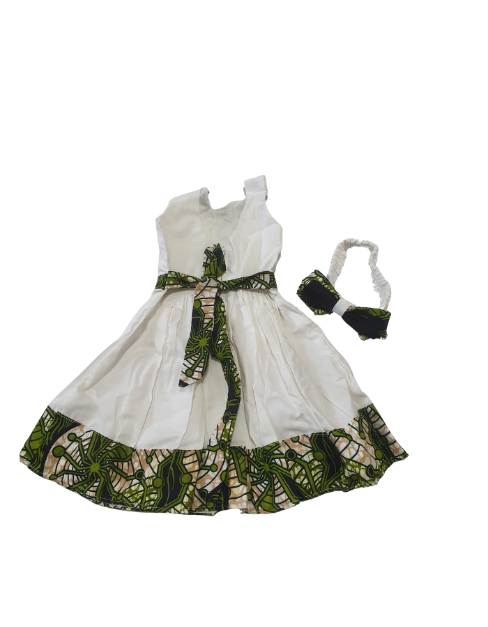 White Girls Dress with Green African Patterns & Headband – Elegant Outfit (4–6 years)
