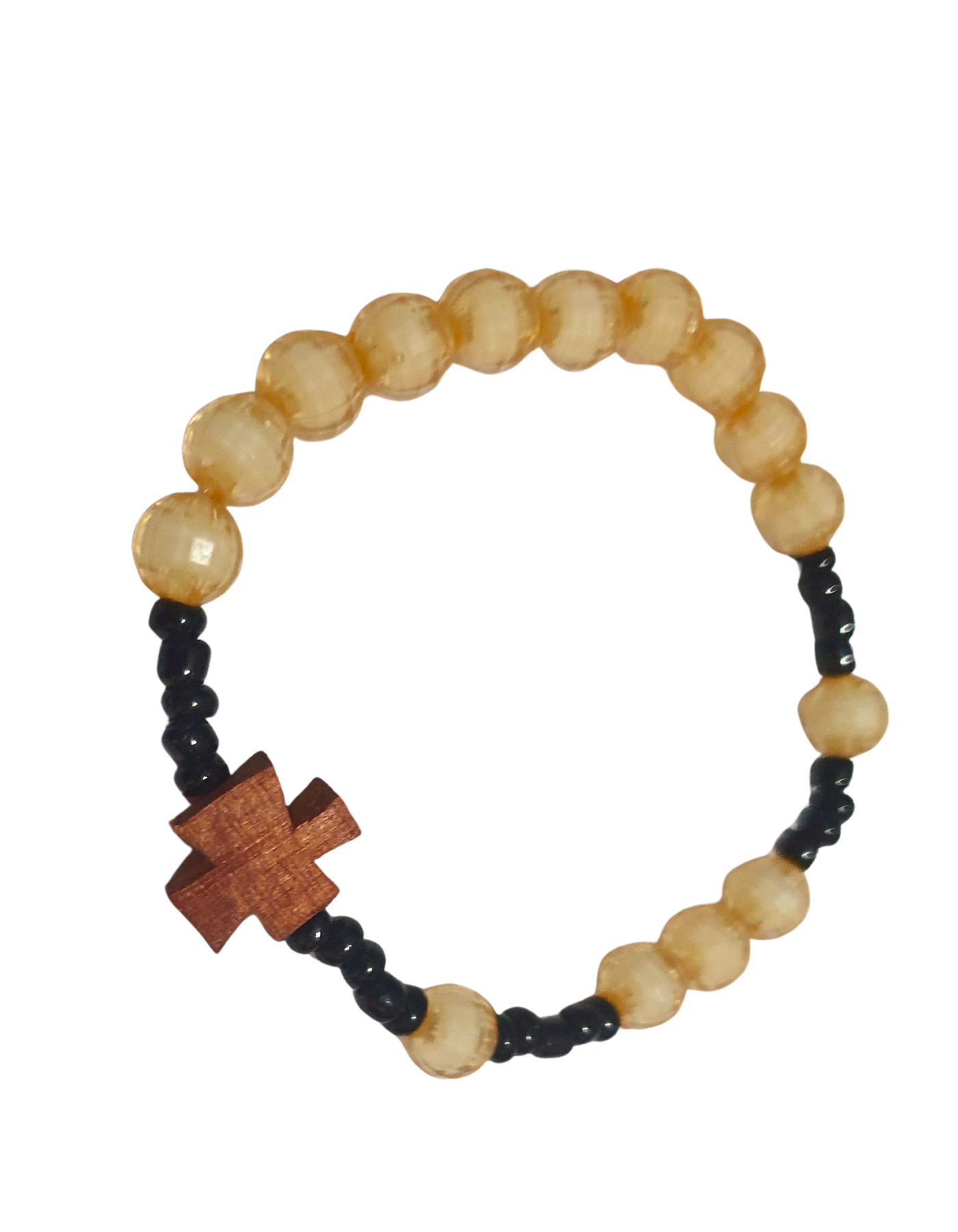 Bracelet Chapelet Beige & Noir avec Croix en Bois – Style Spirituel Élégant