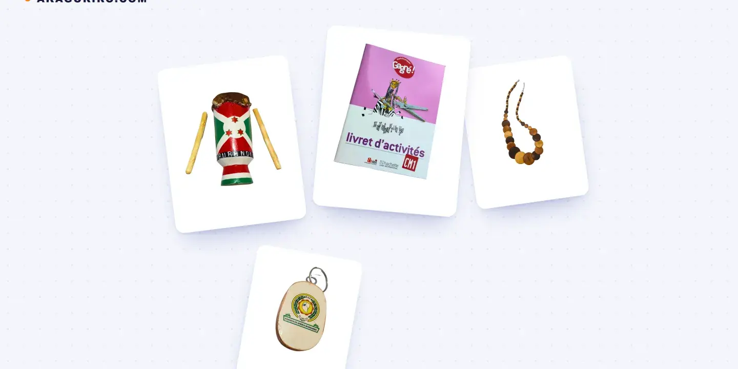 Tambour traditionnel, livret scolaire, collier en bois et porte-clés EAC — exemples de produits vendus sur Akaguriro.com
