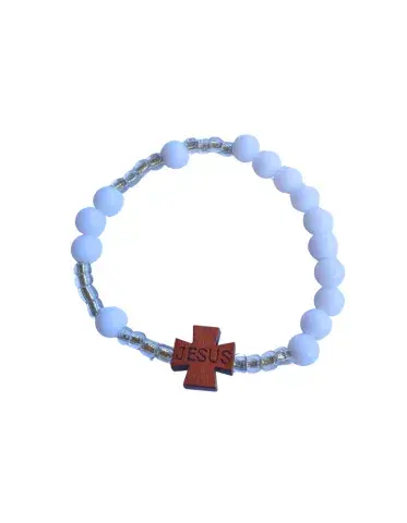 Bracelet chapelet discret “JESUS” – Perles blanches