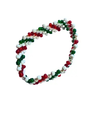 Bracelet rigide artisanal perles tricolores rouge, vert et blanc