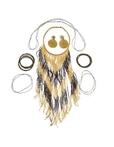 Grande Parure Artisanale en Perles – Collier à Franges, Boucles, Bracelets, Chevillères & Chaîne de Taille (Or & Brun)