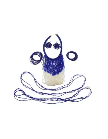 Grande Parure Artisanale en Perles – Collier à Franges, Boucles, Bracelets & Chaîne de Taille (Bleu & Blanc)