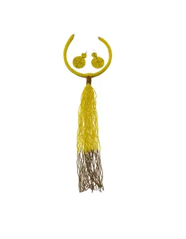 Parure Artisanale en Perles – Collier à Franges & Boucles d’Oreilles Assorties (Jaune & Brun)