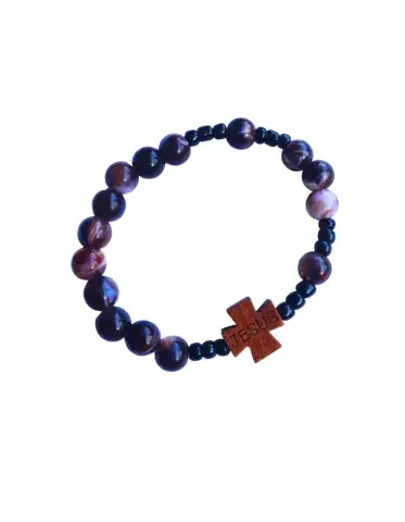 Bracelet chapelet discret “JESUS” – Perles marbrées foncées