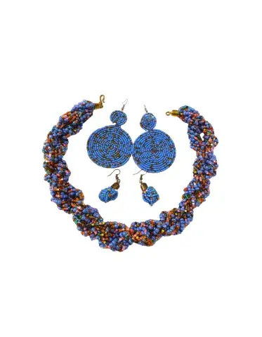 Parure Artisanale en Perles – Collier & Deux Paires de Boucles d’Oreilles Assorties (Bleu Multicolore)