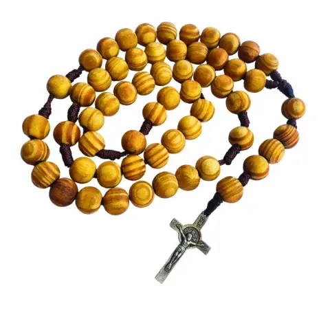 Chapelet en Gros Grains Ronds – Bois Naturel & Croix Métallique