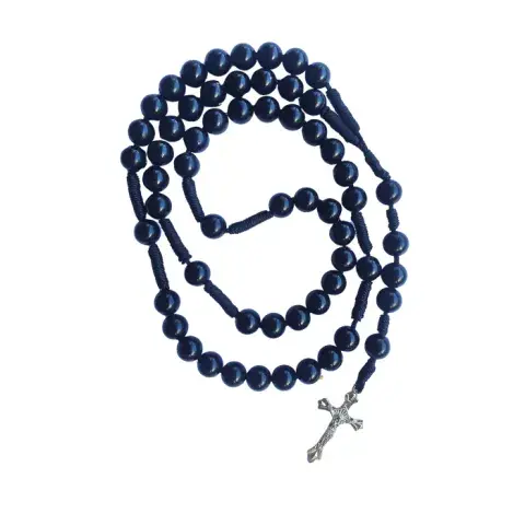Chapelet à Perles Noires sur Cordon – Croix Argentée