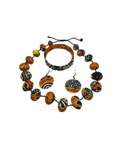Parure Femme Artisanale en Tissu – Collier, Bracelet & Boucles Motifs Noir & Ocre