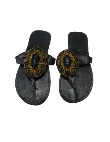 Sandales Artisanales Perlées Noir & Or – Élégance Intemporelle (Taille 41)