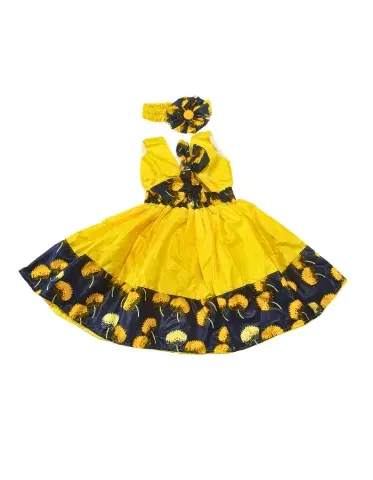 Robe Enfant Africaine Jaune Soleil avec Bandeau Assorti – Tenue de Fête Élégante