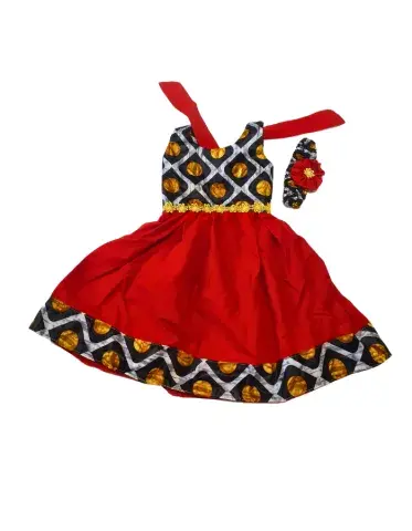 Robe Enfant Fille Rouge Élégance avec Bandeau & Nœud – Tenue de Fête Africaine (3–5 ans)