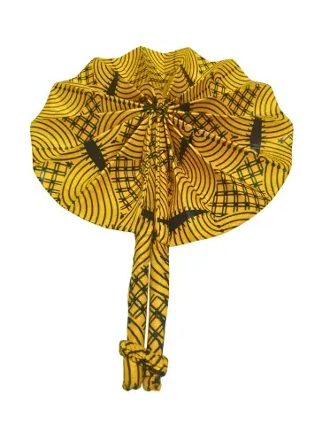 Éventail Artisanal Africain en Tissu Wax Jaune et Noir – Fait Main