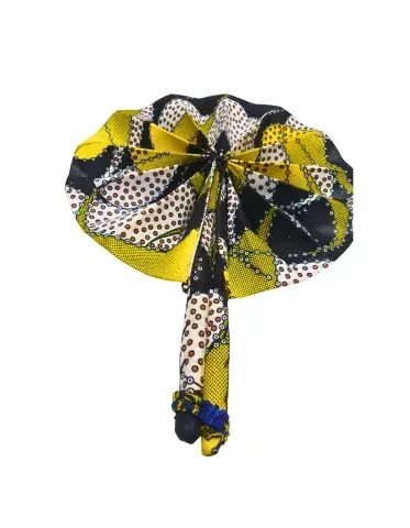 Éventail Artisanal Africain en Tissu Wax Jaune, Noir et Blanc – Fait Main