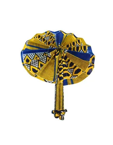 Éventail Artisanal Africain en Tissu Wax Bleu et Jaune – Fait Main