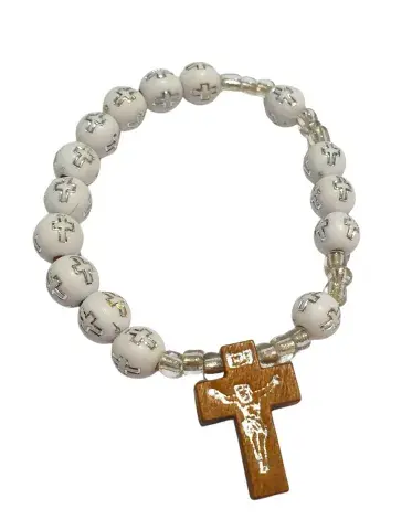 Bracelet Chrétien Blanc avec Croix en Bois – Perles Spirituelles Élégantes
