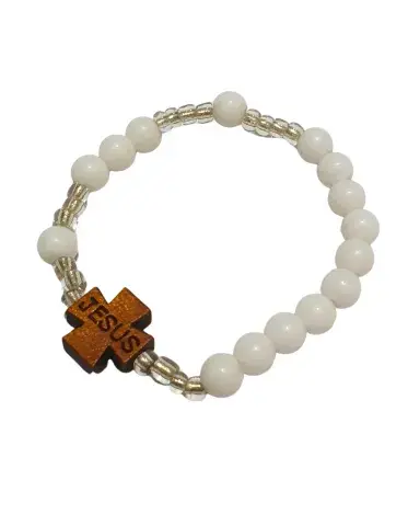 Bracelet Blanc Jésus avec Croix en Bois – Bijou Chrétien Spirituel