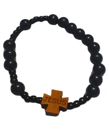 Bracelet Noir Spirituel avec Croix JESUS – Élégance Minimaliste