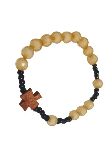 Bracelet Chapelet Beige & Noir avec Croix en Bois – Style Spirituel Élégant
