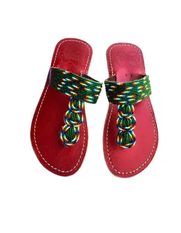 Sandales Artisanales Perlées Bordeaux & Multicolore — Médaillon Spirale (Taille 40)