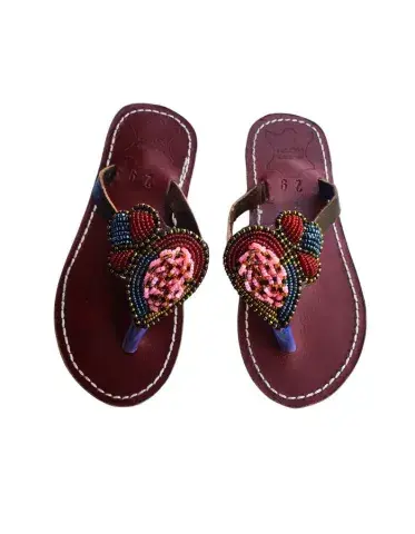 Sandales Artisanales Perlées Bordeaux, Or & Noir — Motif Aile, Taille Enfant (Taille 29)