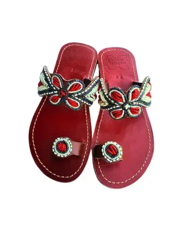 Sandales Artisanales Perlées Rouge & Vert — Trio Médaillons Dégradés (Taille 39)