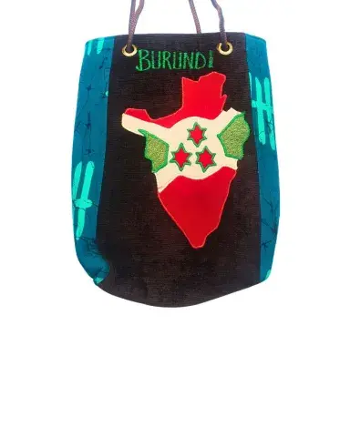 Sac Artisanal Burundi — Carte du Burundi, Wax Turquoise (32 cm)