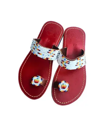 Sandales Artisanales Perlées Bordeaux & Multicolore — Médaillon Rond (Taille 38)