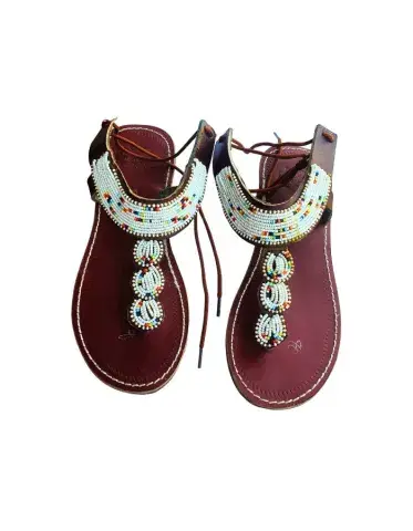 Sandales Artisanales Perlées Bordeaux & Ivoire — Bracelet Cheville Trois Médaillons (Taille 40)