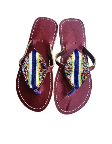 Sandales Artisanales Perlées Bordeaux, Bleu & Jaune — Médaillon Losange (Taille 42)
