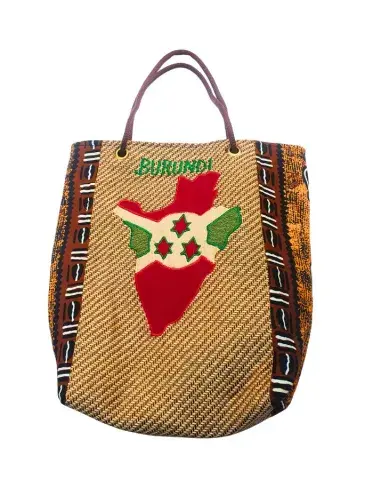 Sac Artisanal Burundi — Carte du Burundi, Tissage Doré (32 cm)