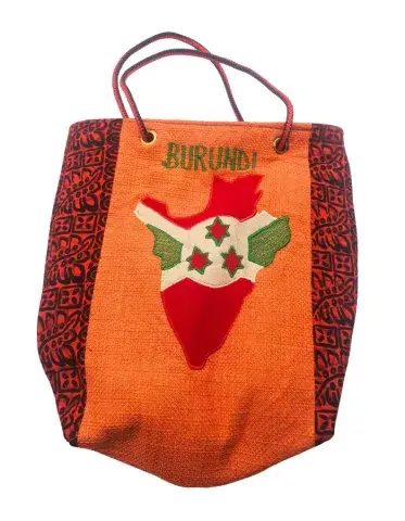 Sac Artisanal Burundi — Carte du Burundi, Wax Rouge & Noir (Grand Format) (37 cm)