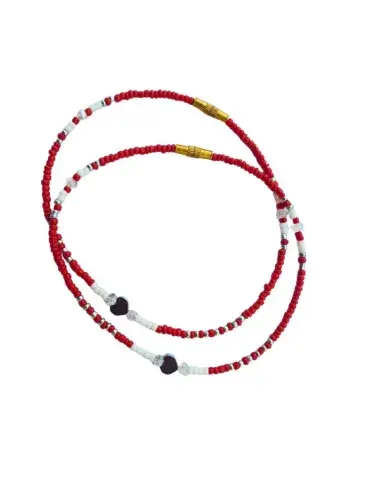 Chevillères Perlées Rouge & Ivoire, Cœurs Facettés (Paire, 23 cm)