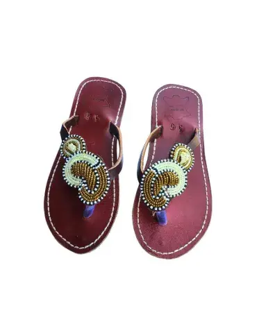 Sandales Artisanales Perlées Bordeaux & Or — Nœud Doré (Taille 36)