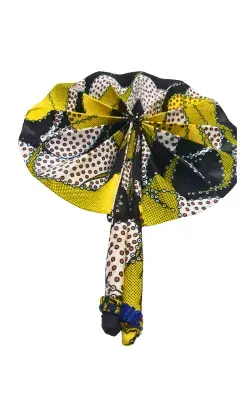 Éventail Artisanal Africain en Tissu Wax Jaune, Noir et Blanc – Fait Main