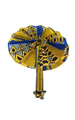 Éventail Artisanal Africain en Tissu Wax Bleu et Jaune – Fait Main