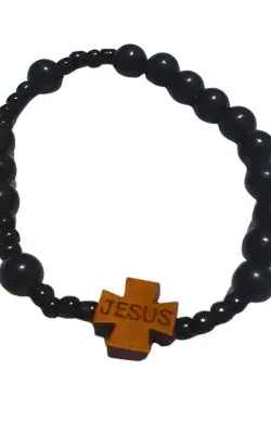 Bracelet Noir Spirituel avec Croix JESUS – Élégance Minimaliste