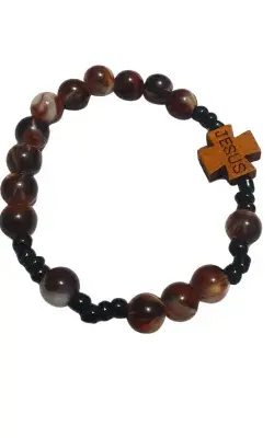 Bracelet Jésus en Perles Marbrées Marron – Bijou Chrétien Élégant