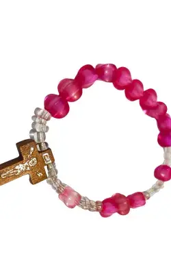 Mini Chapelet Rose avec Croix en Bois – Bracelet de Prière Enfant