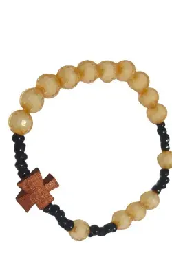 Bracelet Chapelet Beige & Noir avec Croix en Bois – Style Spirituel Élégant