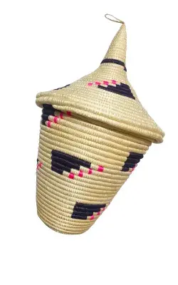 Panier Africain Tissé à Couvercle – Uduske Décoratif Beige, Noir & Rose