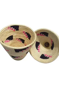 Panier Africain Tissé à Couvercle – Uduske Décoratif Beige, Noir & Rose