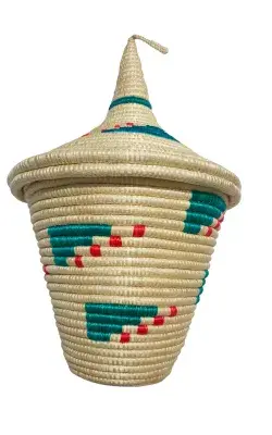 Panier Africain Tissé avec Couvercle – Uduseke Beige Vert & Rouge