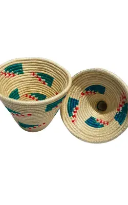 Panier Africain Tissé avec Couvercle – Uduseke Beige Vert & Rouge