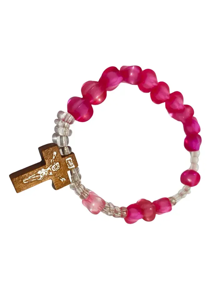 Mini Chapelet Rose avec Croix en Bois – Bracelet de Prière Enfant
