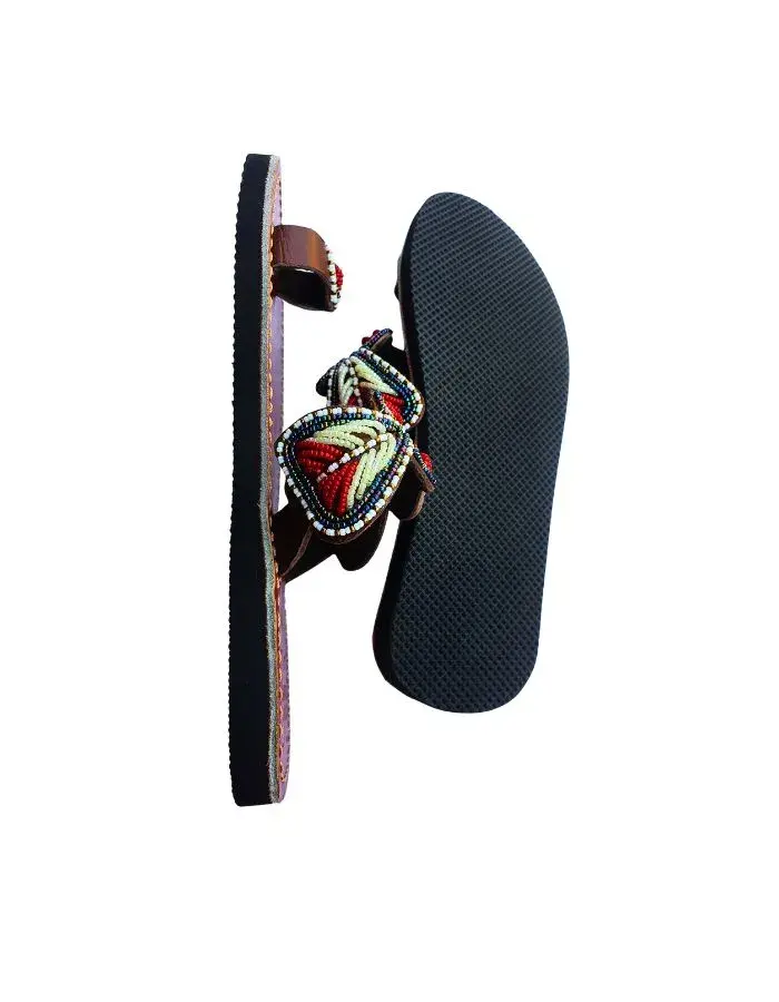 Sandales Artisanales Perlées Rouge & Vert — Trio Médaillons Dégradés (Taille 39)