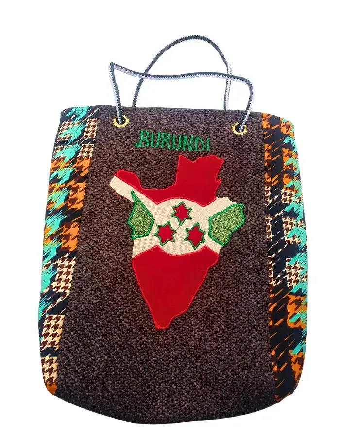 Sac Artisanal Burundi — Carte du Burundi, Wax Pied-de-Poule (Grand Format) (37 cm)
